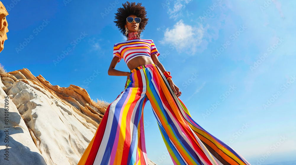 Fototapeta premium Young stylish woman model posing for edgy and modern fashion editorial. Conceptual photo in vivid neon colors. Haute couture contemporary trends