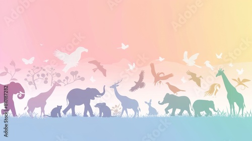 A colorful image of animals in a field  including elephants  giraffes  and birds