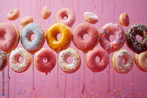 Large delicious donut with pink glaze hanging in the air on a pink background