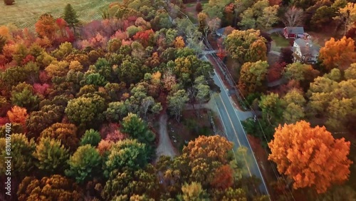 Autumnal Journey: Drone Aerial View of Highway Road Along Forest with Autumnal Trees at Dusk in New England, USA - 4K Ultra HD Footage photo