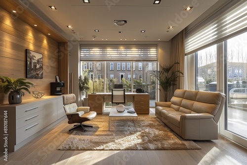 Wallpaper Mural A stylish living room showcasing a cozy leather sofa and wood panel walls enhanced by charming natural light Torontodigital.ca