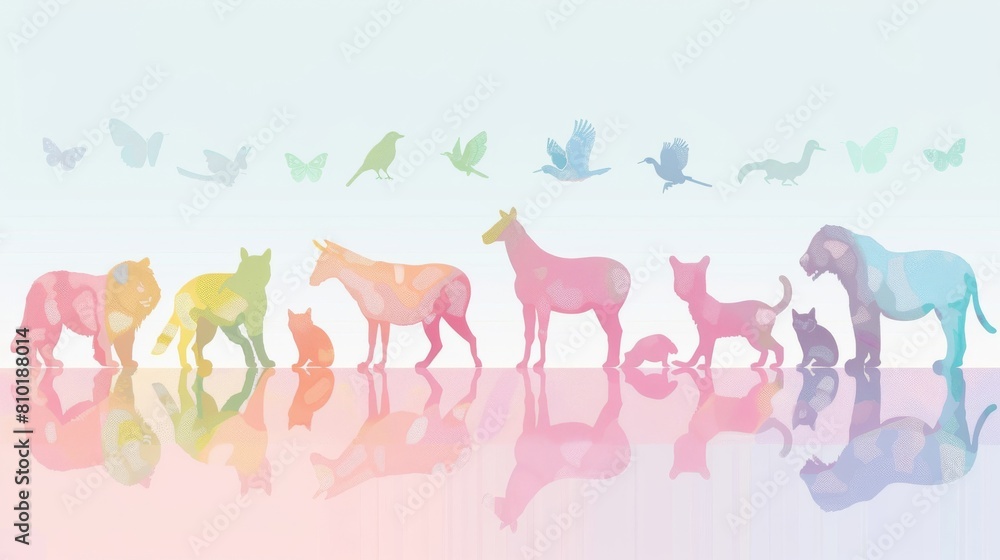 A line of animals in a row, including a giraffe, a deer, a cat, and a bird A line of animals in a row, including a giraffe, a deer, a cat, and a bird