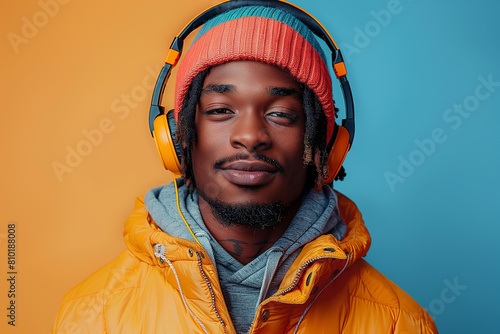 black guy with dreadlocks wearing headphones on a colored background (ID: 810188008)