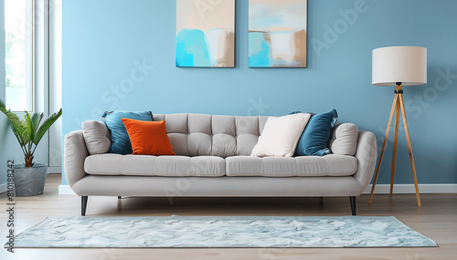 Minimalistic interior in blue. Mockup of paintings above the sofa. (ID: 810188242)
