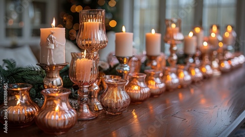 Arrange a collection of vintage-inspired mercury glass votive holders and candlesticks on your dining table for a glamorous and festive photo
