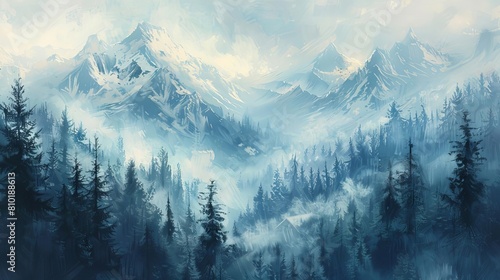 atmospheric painting of dense misty forest with majestic snowcapped mountains in background landscape art photo