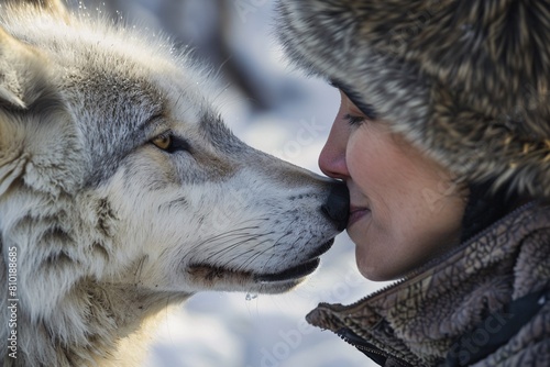 An up-close encounter between a person and a wolf, capturing the essence of mutual respect and understanding © Maelgoa