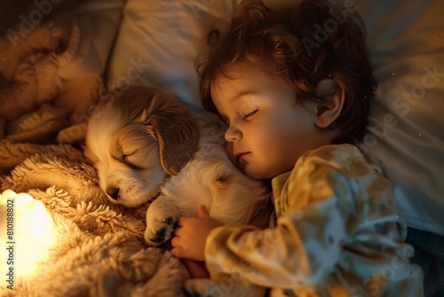 An intimate shot of a sleeping toddler cuddling with a dozing puppy, bathed in the warm glow of a nightlight, conveying a sense of companionship and security photo