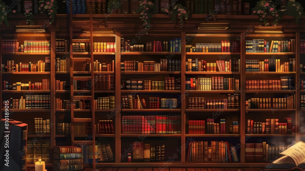 Vintage library with ornate wooden shelves and lush floral arrangements.