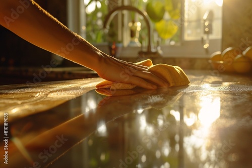 An intimate shot capturing someone wiping down a dirty countertop with a damp cloth, soft morning light illuminating the area, emphasizing cleanliness and freshness