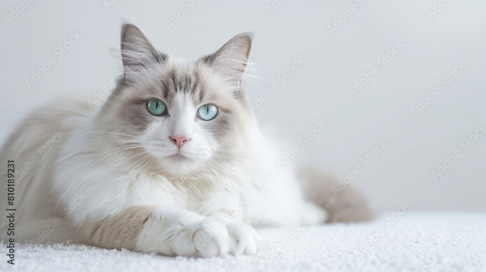 White fluffy cat with vivid green eyes lying on a soft surface.