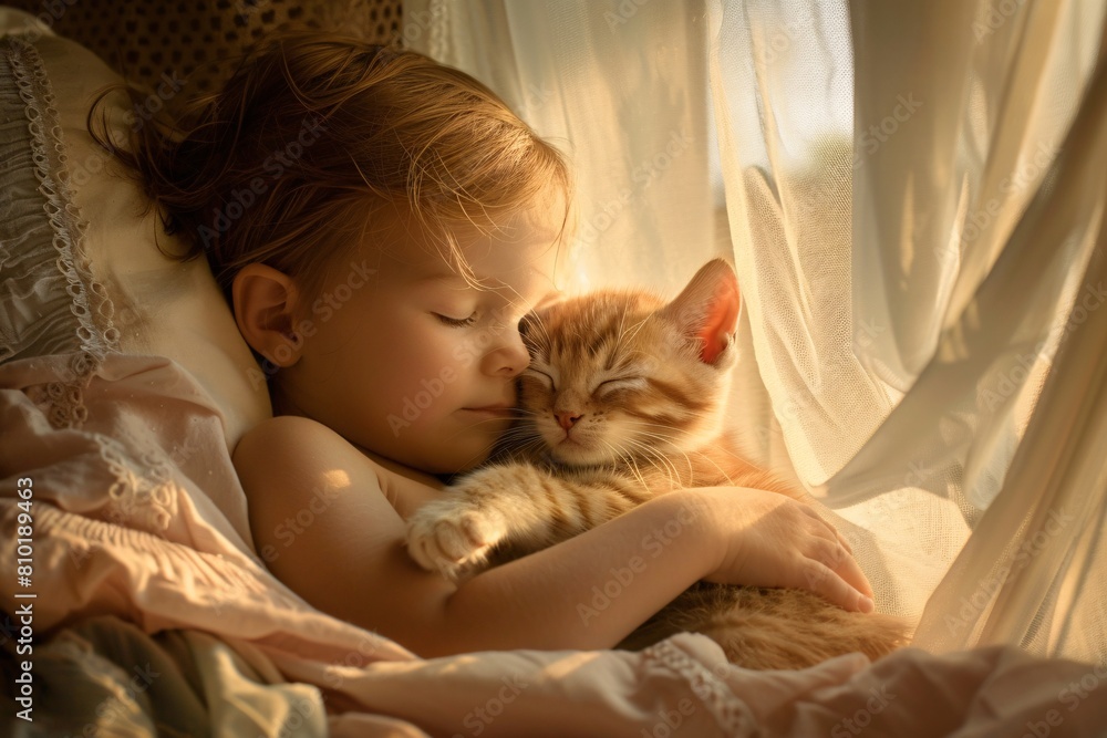 An intimate portrait capturing the peaceful slumber of a child cradling a sleeping kitten in his arms, with soft light filtering through curtains, emanating tenderness An intimate portrait capturing the peaceful slumber of a child cradling a sleeping kitten in his arms, with soft light filtering through curtains, emanating tenderness