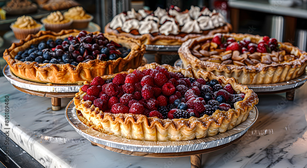There are three pies on the counter There are three pies on the counter