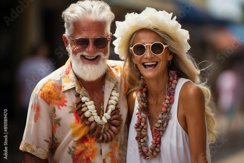 A senior man and a woman dressed in vibrant Hawaiian clothing, showcasing the traditional attire of the culture.