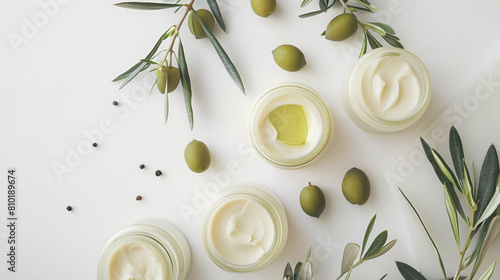 Jars of cream with green olives plant branch and oil o photo