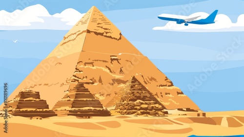 Craft an illustration of airplanes flying over the ancient pyramids and temples of Egypt  with the Nile River