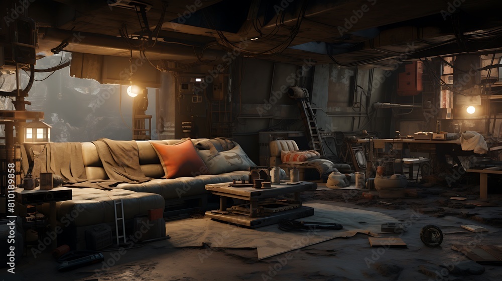Form an apocalyptic wasteland living room with rugged materials and salvaged, post-apocalyptic design Form an apocalyptic wasteland living room with rugged materials and salvaged, post-apocalyptic design