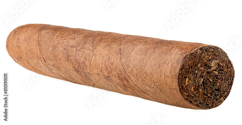 Big brown luxury cigar isolated on a white background. Handcrafted cigar made with real tobacco leaves.