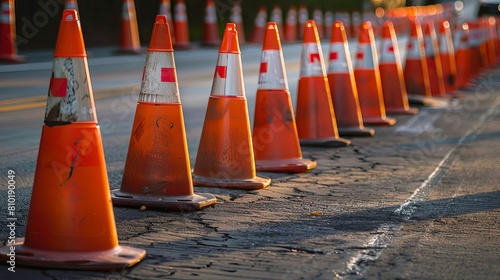 bright orange traffic cones lined up on roadside safety barrier photo