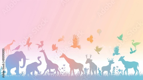 A colorful poster of animals in a field with birds flying in the background