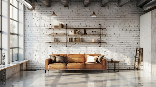 Sleek industrial minimalist living room with polished concrete floors, white brick walls, and a tan leather couch Wooden shelves add warmth photo