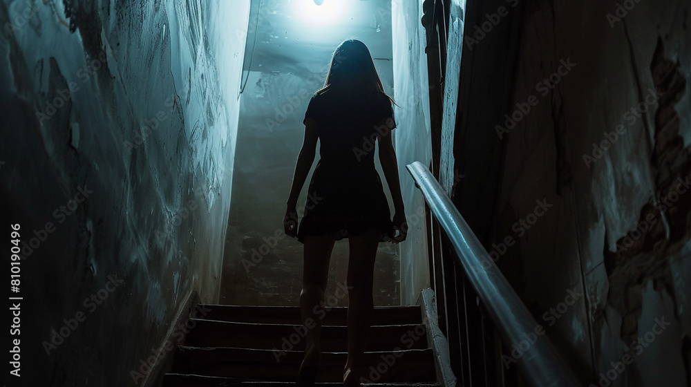 young woman walking up the stairs in a dark room young woman walking up the stairs in a dark room