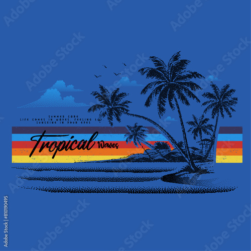 Retro Stripe with tropical summer vintage beach waves, Botanical palm tree forest is beach side, vintage t-shirt design, commercial garment fashion print design , use this design for clothing,
