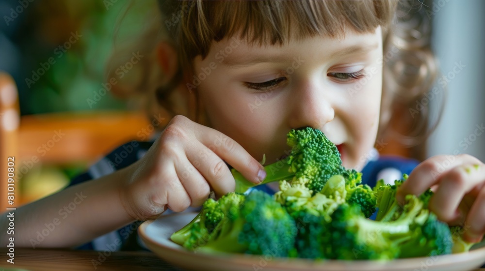A child eats broccoli, child loves healthy food A child eats broccoli, child loves healthy food