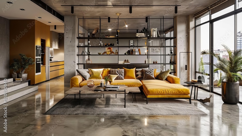 View of An expansive industrial minimalist living room featuring polished ...