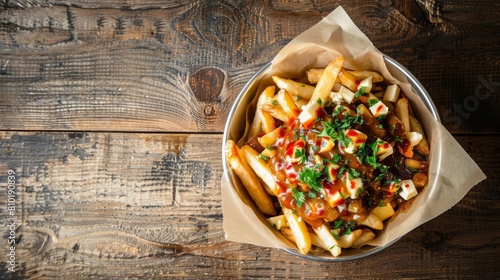 classic canadian poutine dish with crispy golden fries squeaky cheese curds and rich gravy studio shot on rustic wood photo