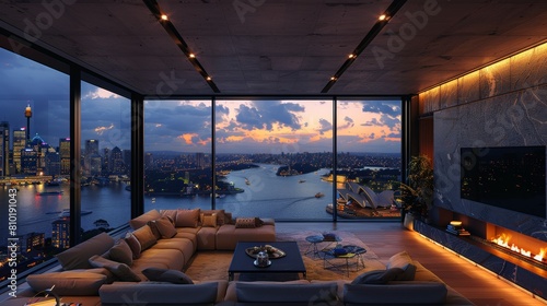 Depict a chic high-rise apartment offering expansive vistas of Sydneys harbor  iconic Opera House  and sparkling city lights shimmering against