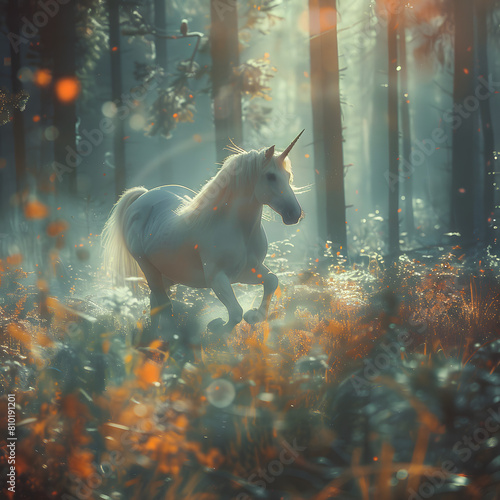 Beautiful Unicorn Legendary creature running in the fantasy forest.