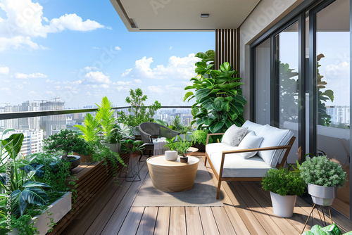 Modern balcony garden with city view