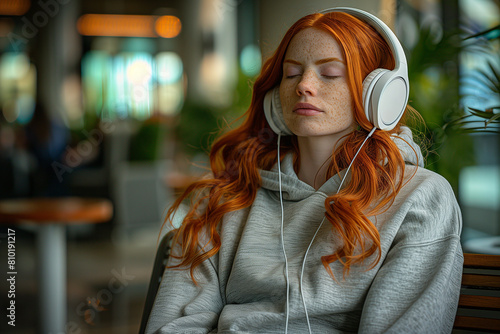 Freckled woman with headphones asleep