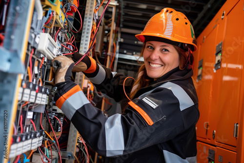 Female electrician working on industrial panel