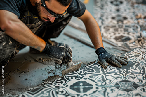 Tiler installing beautiful ceramic tiles