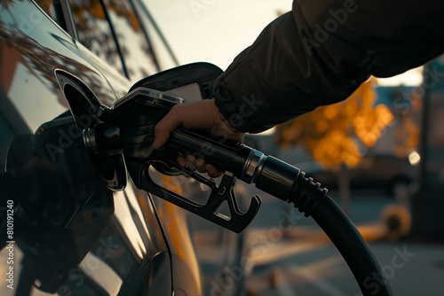 Person refueling car during golden hour