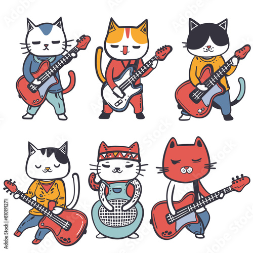 Animated cats playing various guitars, colorful cartoon music. Cat characters performing electric acoustic guitars, musical themed illustration. Cartoon felines, guitarists singer, cute