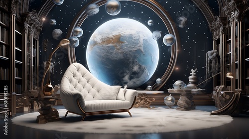 Imagine a space-themed living room with celestial wallpaper and futuristic furniture