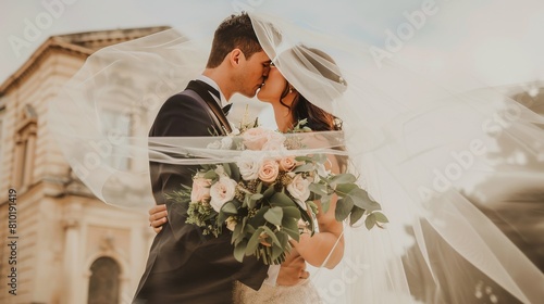 Bride and Groom Kissing in Front of a Building