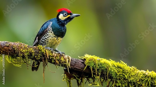 costa rican gem acorn woodpecker perched on mossy branch wildlife photography