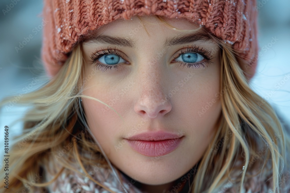 An intense close-up captures the striking blue eyes and facial features of a woman wearing a beanie in winter An intense close-up captures the striking blue eyes and facial features of a woman wearing a beanie in winter