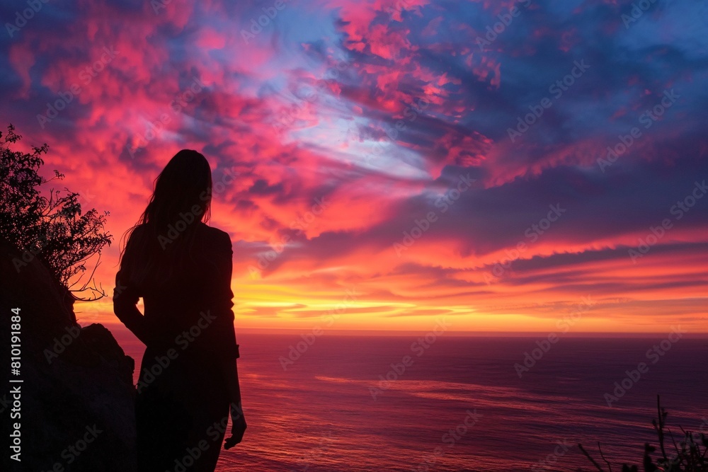A young woman admiring a stunning sunset from a clifftop lookout, her silhouette outlined against the colorful evening sky