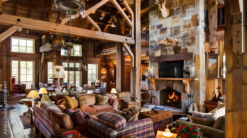 rustic living room with exposed beams, stone fireplace, and cozy, plaid accents