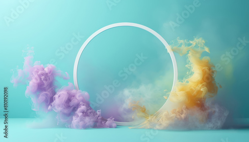 vivid soft purple  and yellow smoke clouds encircling white circle on blue background photo