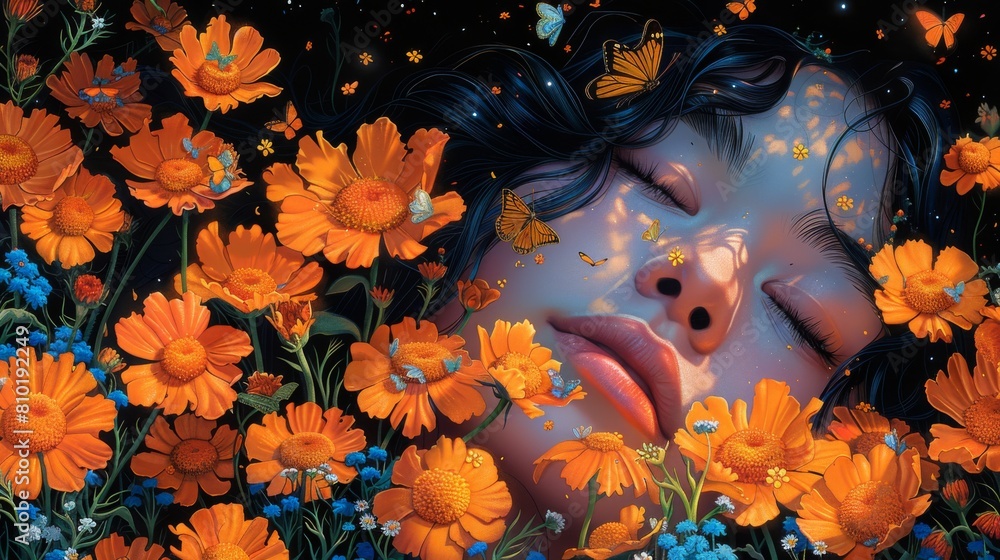 Dreaming of Transformation Illustrate a scene of a person sleeping amidst a garden of blooming flowers, as their Dreaming of Transformation Illustrate a scene of a person sleeping amidst a garden of blooming flowers, as their