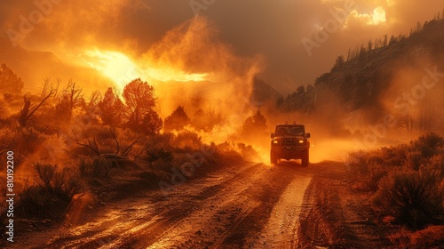 4x4 vehicle travels a dusty road at sunset with dramatic backlit scenery