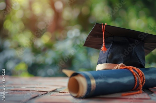 Graduation Cap and Diploma on Ground