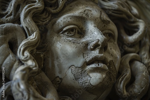A sinister depiction of Medusa's deadly gaze, freezing her victim in terror as they begin their transformation into stone