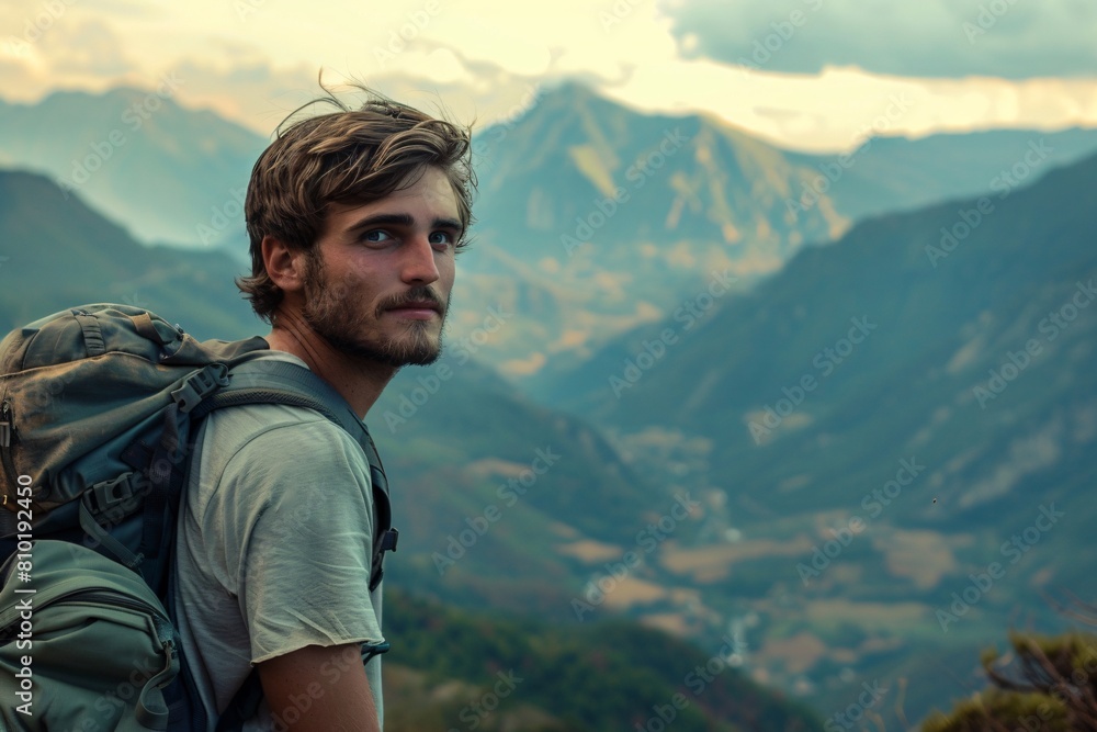 A man with an adventurous spirit embarking on a solo backpacking trip through rugged mountains, his face filled with determination and excitement A man with an adventurous spirit embarking on a solo backpacking trip through rugged mountains, his face filled with determination and excitement